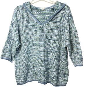 J. Jill Open Knit Sweater Womens XL Blue Multi Hooded 3/4 Sleeve Lightweight